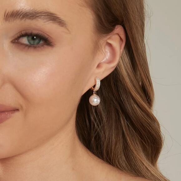 Gold Hoop Pearl Drop Earrings – CZ Diamond Hoop Earrings – Bridal Jewelry - Picture 3 of 4